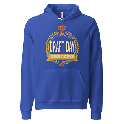Draft Day Almanac vintage fantasy football draft hoodie — True Royal, front