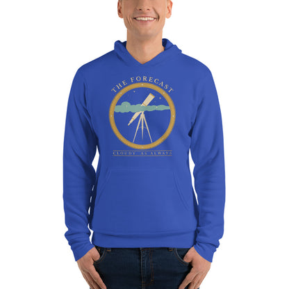 The Forecast Cloudy As Always funny astronomy hoodie — True Royal, on model