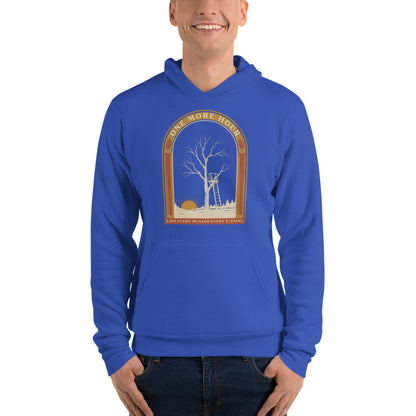 One More Hour funny deer hunting hoodie — True Royal, on model