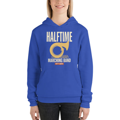 Official Halftime vintage marching band hoodie — True Royal, on model
