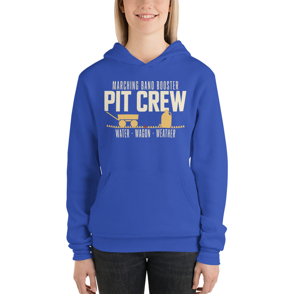 Pit Crew marching band booster hoodie — True Royal, on model