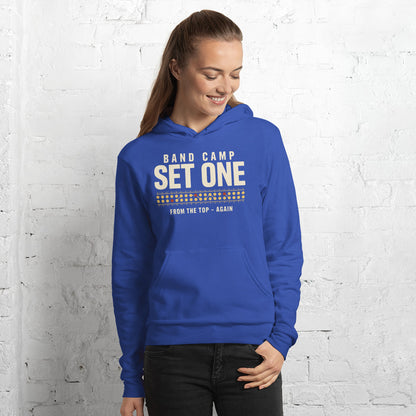 Set One marching band drill chart hoodie — True Royal, on model