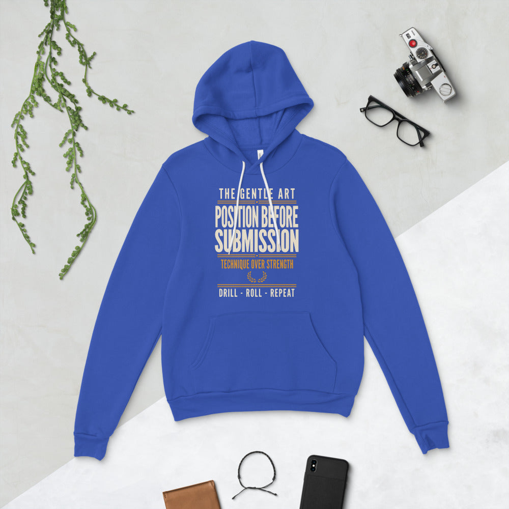 Position Before Submission Brazilian jiu jitsu hoodie — True Royal, flat lay