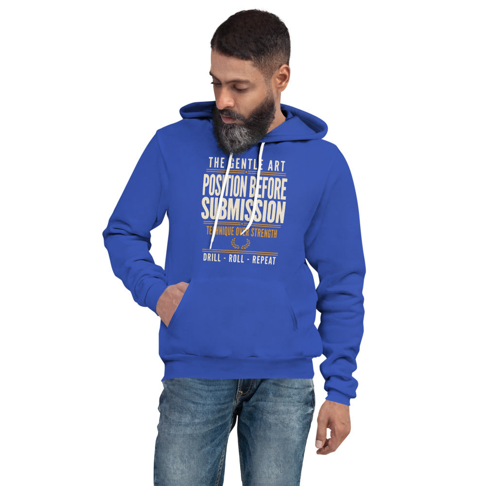 Position Before Submission Brazilian jiu jitsu hoodie — True Royal, on model