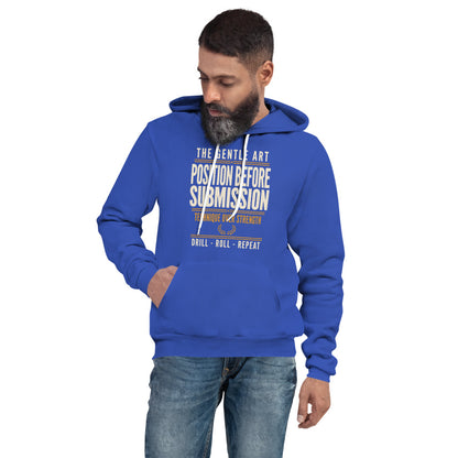 Position Before Submission Brazilian jiu jitsu hoodie — True Royal, on model