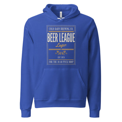 Beer League Cold Barn Brewing lager hoodie — True Royal, front