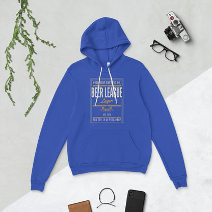 Beer League Cold Barn Brewing lager hoodie — True Royal, flat lay