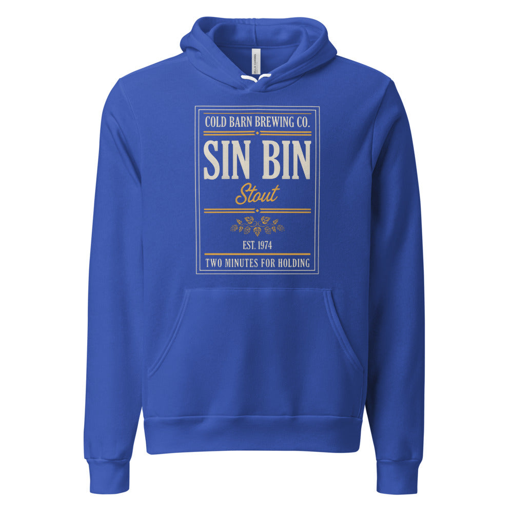 Beer League Sin Bin Stout brewery label hoodie — True Royal, front