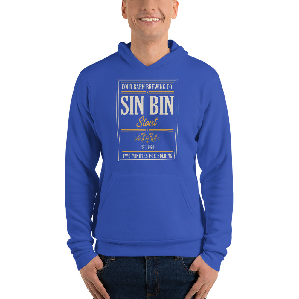 Beer League Sin Bin Stout brewery label hoodie — True Royal, on model