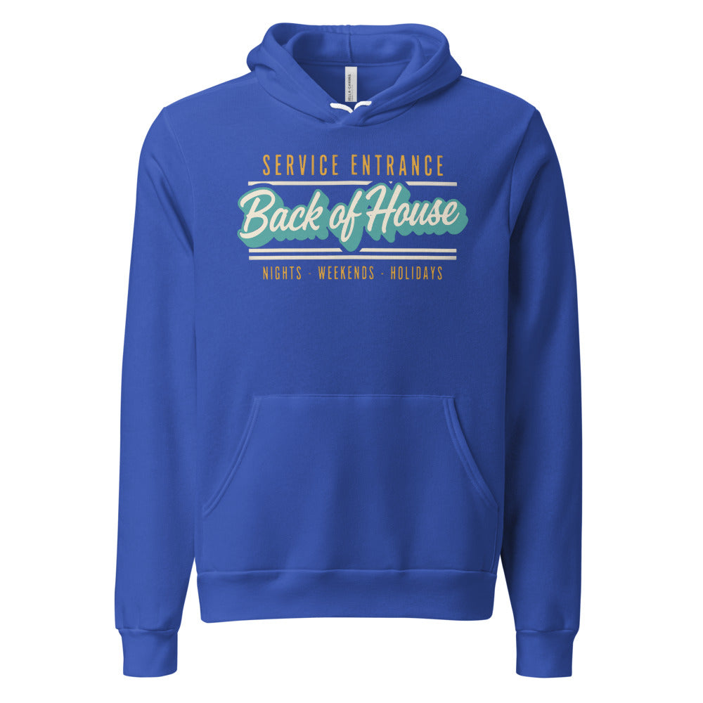 Line Cook Back of House retro diner service sign hoodie — True Royal, front