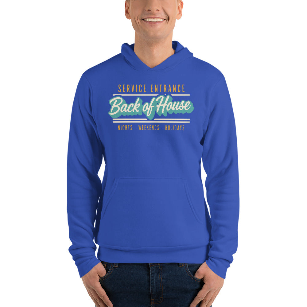 Line Cook Back of House retro diner service sign hoodie — True Royal, on model