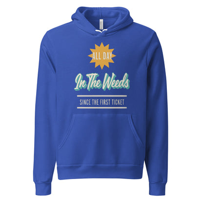 In The Weeds line cook retro diner service sign hoodie — True Royal, front