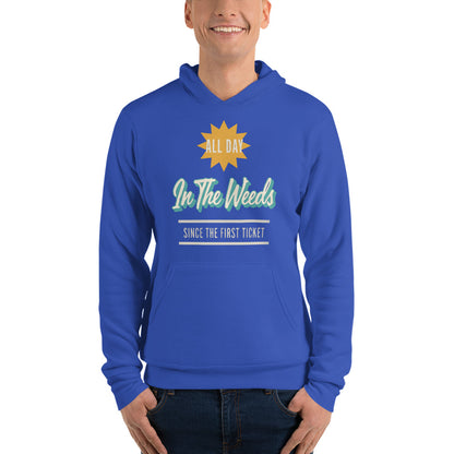 In The Weeds line cook retro diner service sign hoodie — True Royal, on model