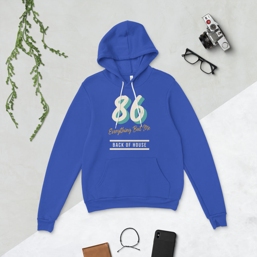86 Everything But Me line cook back of house hoodie — True Royal, flat lay