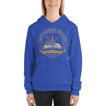 Smut Reader Society book lover dark academia hoodie — True Royal, on model