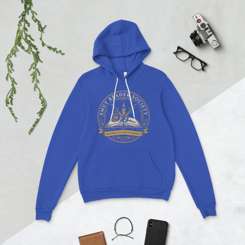 Smut Reader Society book lover dark academia hoodie — True Royal, flat lay