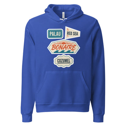 Vintage scuba diving dive sites travel decal hoodie — True Royal, front