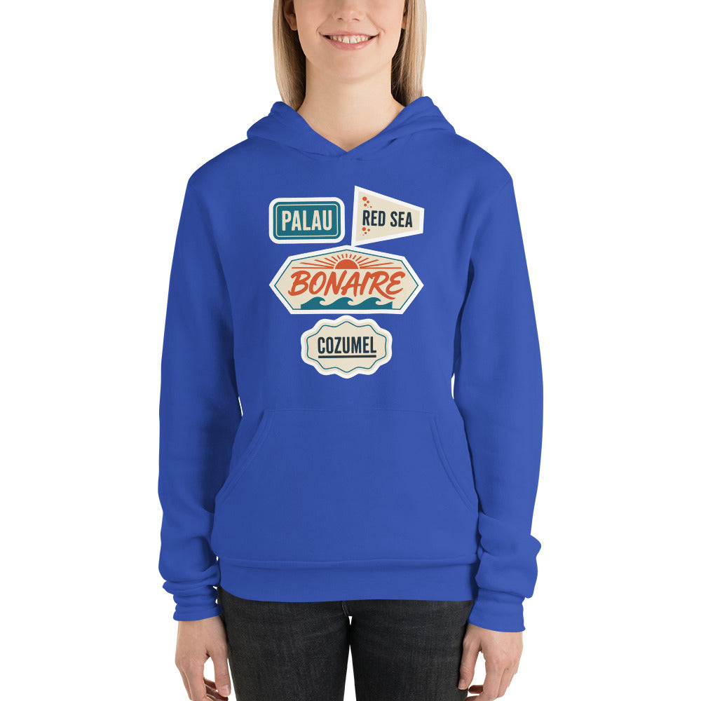 Vintage scuba diving dive sites travel decal hoodie — True Royal, on model