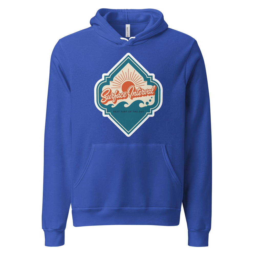 Surface Interval vintage scuba diving travel decal hoodie — True Royal, front