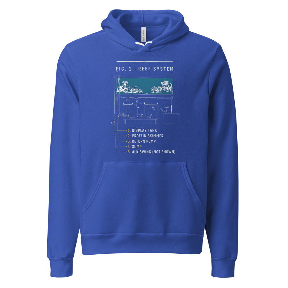 Reef System technical cutaway saltwater aquarium hoodie — True Royal, front
