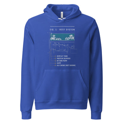 Reef System technical cutaway saltwater aquarium hoodie — True Royal, front