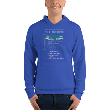 Reef System technical cutaway saltwater aquarium hoodie — True Royal, on model