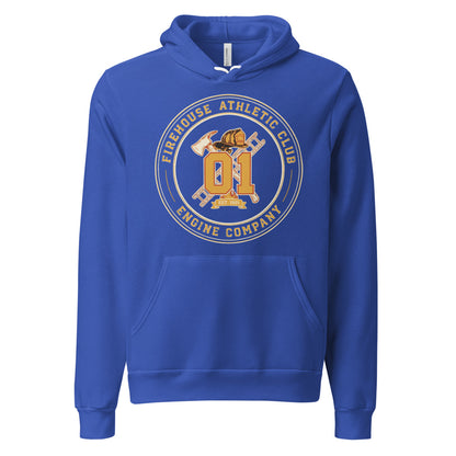 Firehouse Athletic Club retro firefighter emblem hoodie — True Royal, front