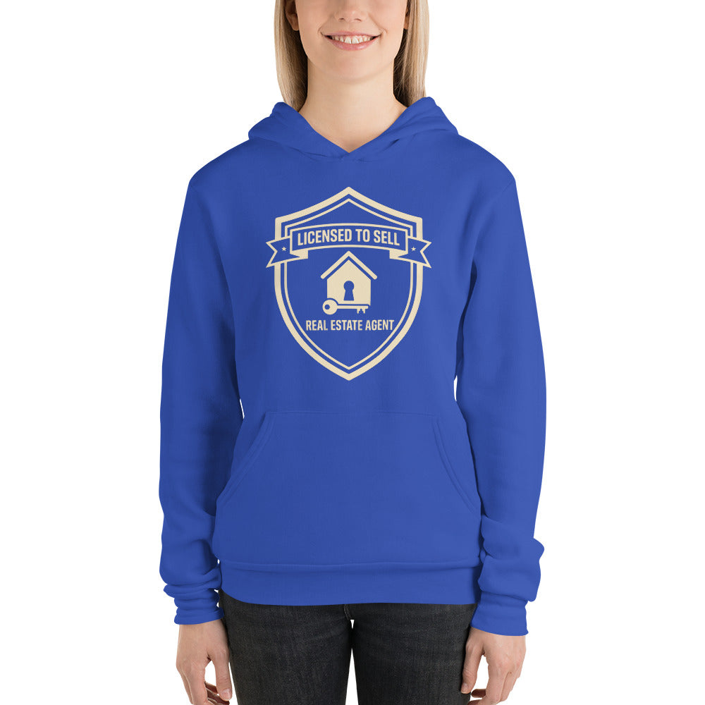 Licensed to Sell real estate agent hoodie — True Royal, on model