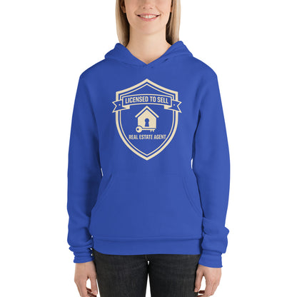 Licensed to Sell real estate agent hoodie — True Royal, on model