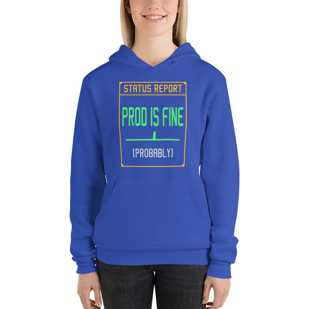 Prod Is Fine programmer hoodie — True Royal, on model
