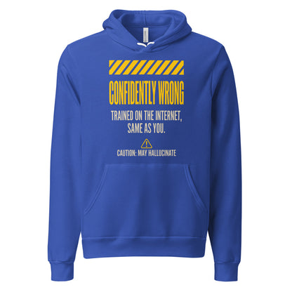 Confidently Wrong AI hazard-label pullover hoodie — True Royal, front