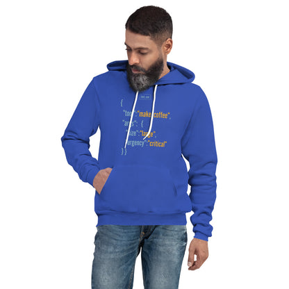 Tool Call Make Coffee AI engineer hoodie — True Royal, on model