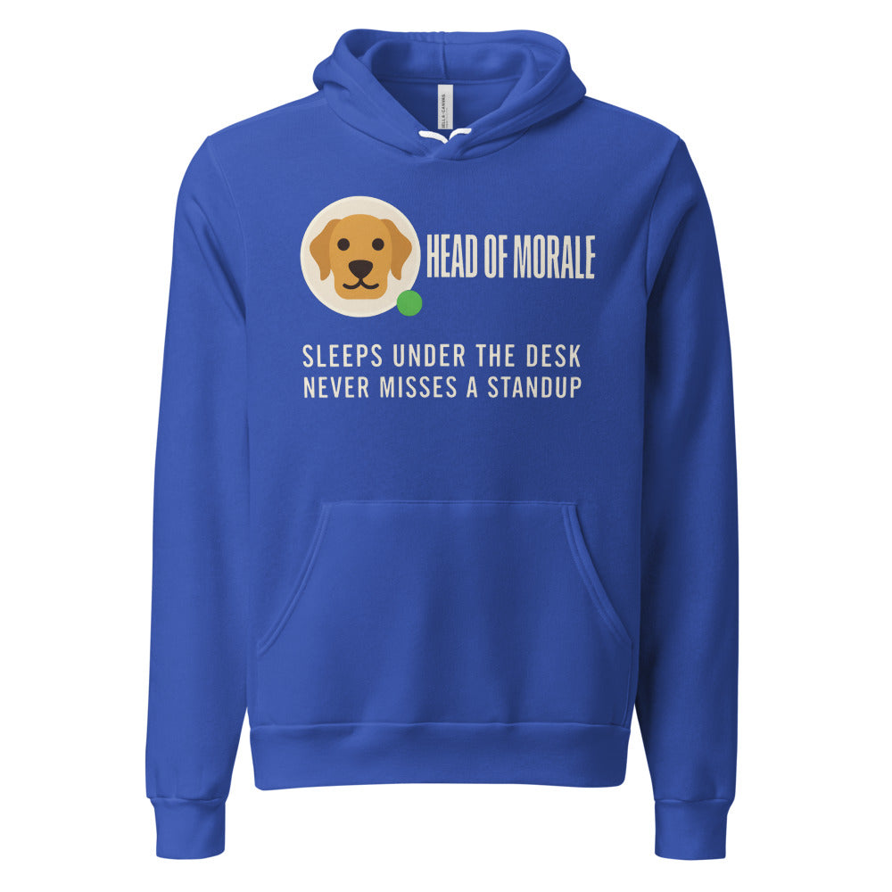 Head of Morale dog profile card unisex hoodie — True Royal, front