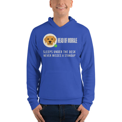 Head of Morale dog profile card unisex hoodie — True Royal, on model