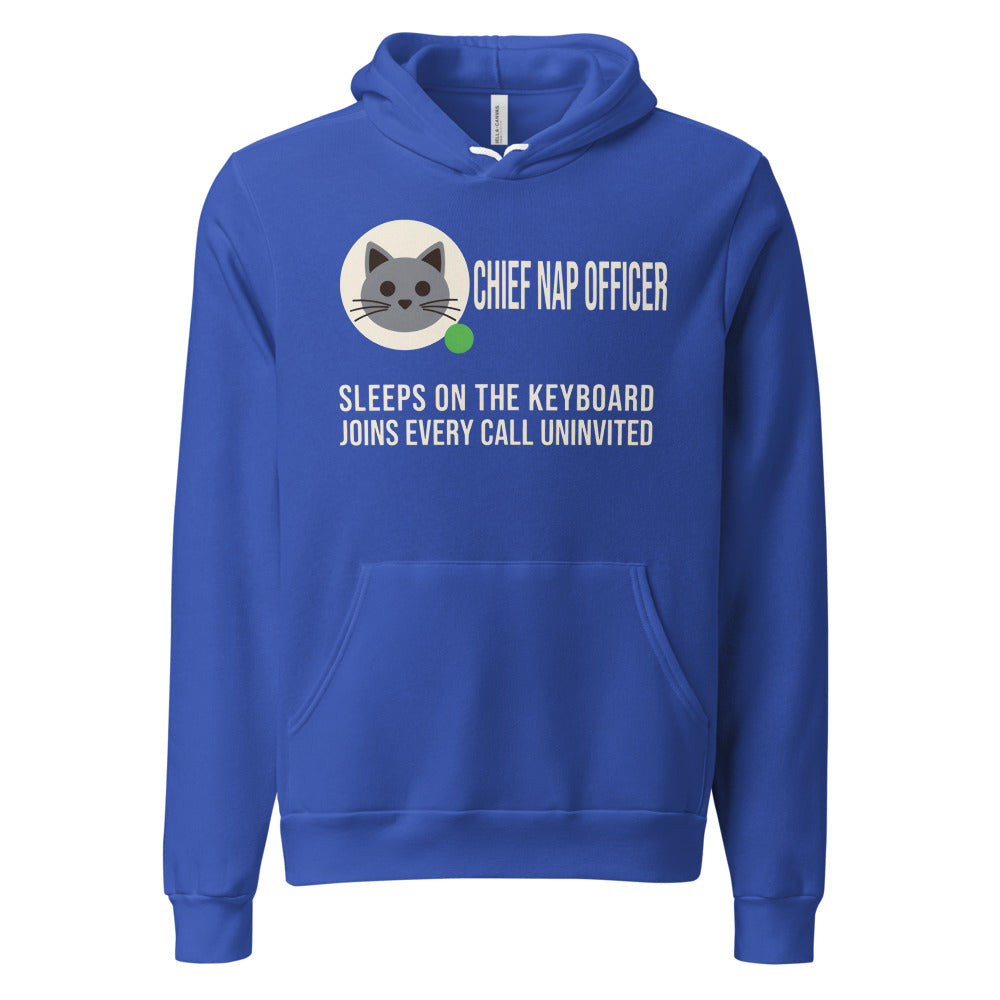 Chief Nap Officer cat profile card unisex hoodie — True Royal, front