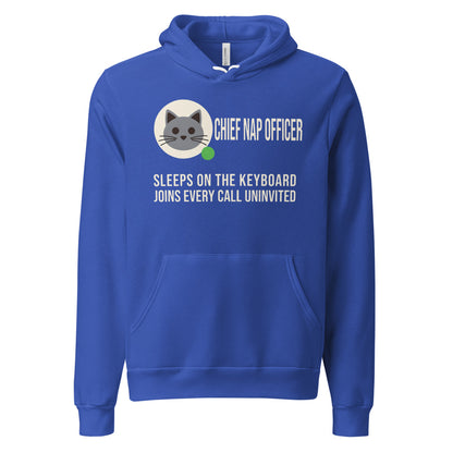 Chief Nap Officer cat profile card unisex hoodie — True Royal, front