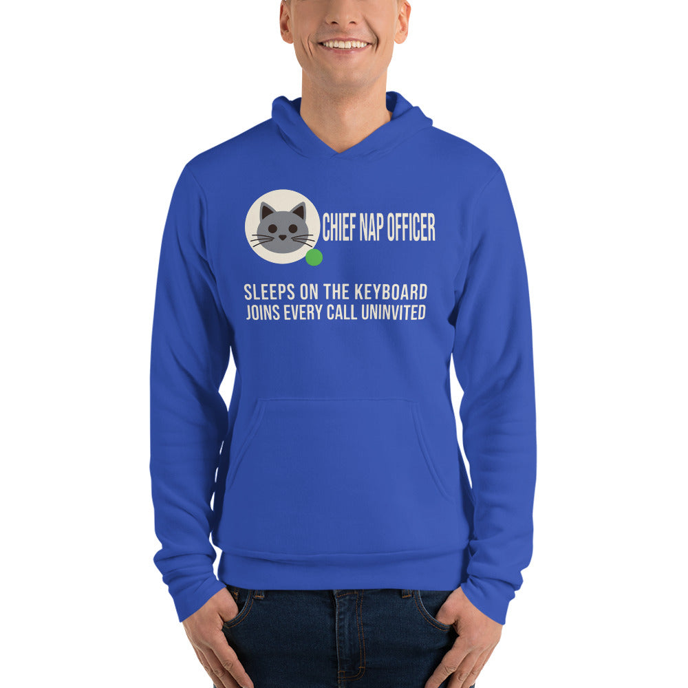 Chief Nap Officer cat profile card unisex hoodie — True Royal, on model