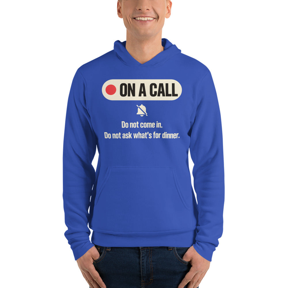 On A Call do not disturb status unisex hoodie — True Royal, on model