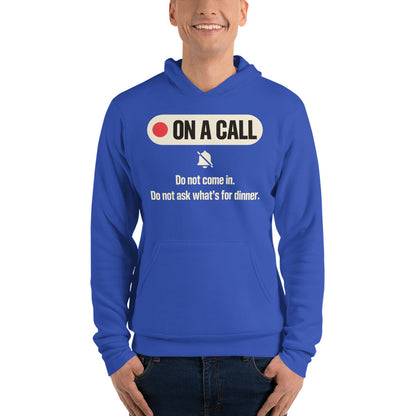 On A Call do not disturb status unisex hoodie — True Royal, on model