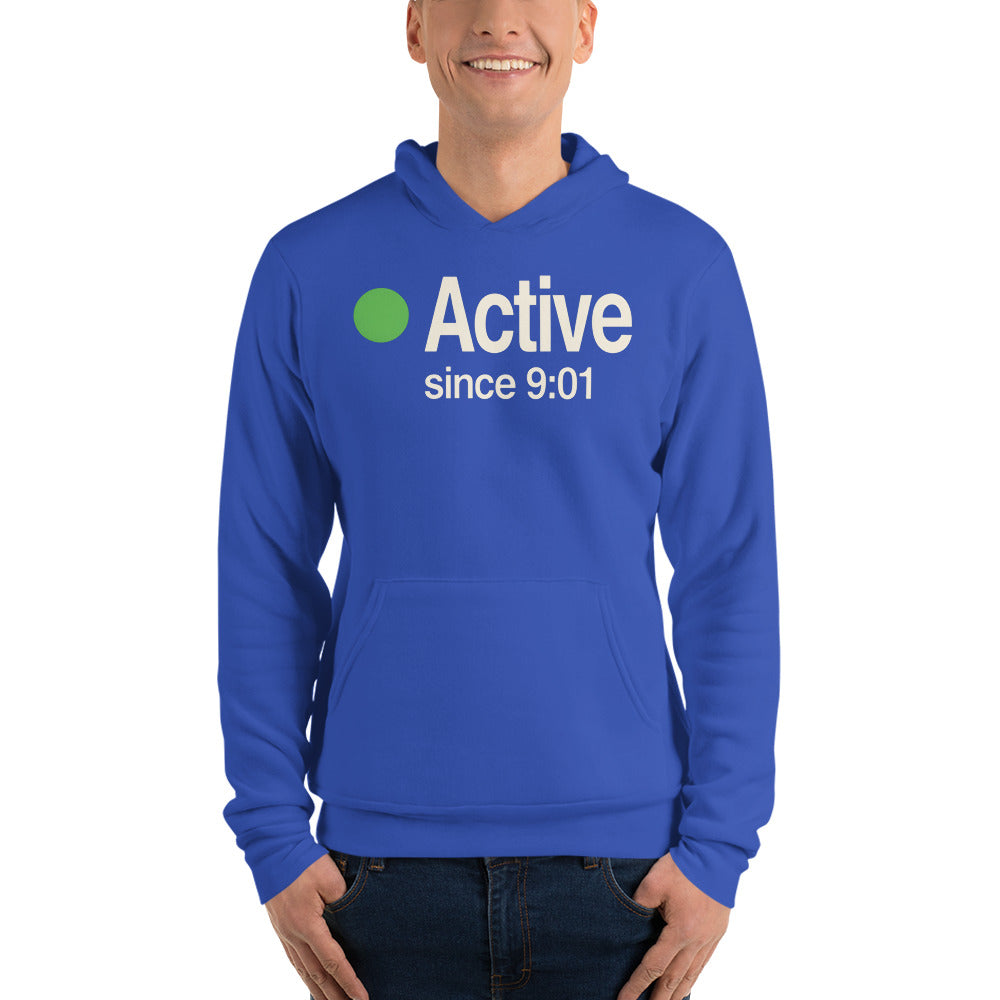 Active Since 9:01 presence status unisex hoodie — True Royal, on model