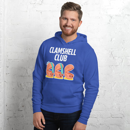 Clamshell Club funny physical therapy hoodie — True Royal, on model