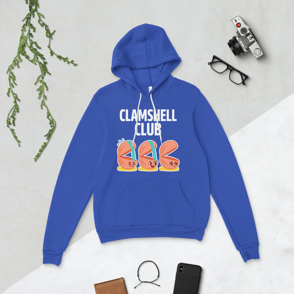 Clamshell Club funny physical therapy hoodie — True Royal, flat lay
