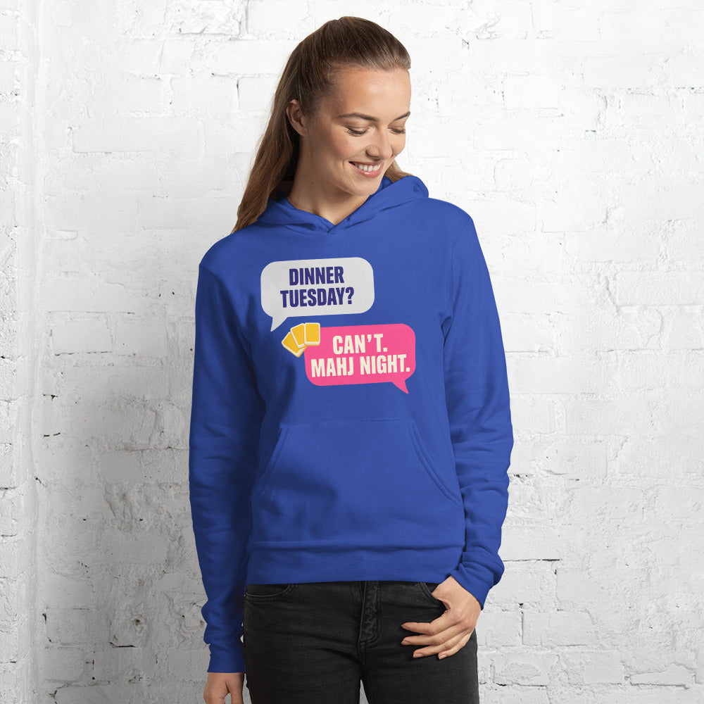 Mahj Night funny mahjong hoodie — True Royal, on model