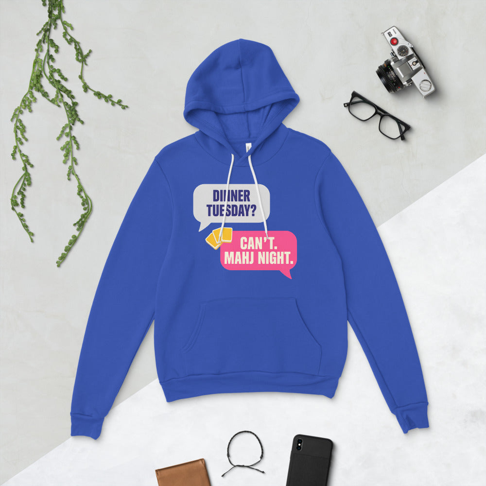 Mahj Night funny mahjong hoodie — True Royal, flat lay