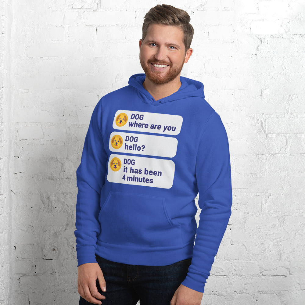 It Has Been 4 Minutes funny dog dad hoodie — True Royal, on model