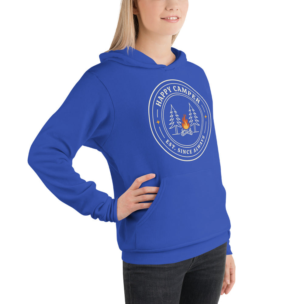 Happy Camper retro camp badge hoodie — True Royal, on model