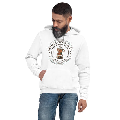 Specialty Coffee Society specialty coffee hoodie — White, on model