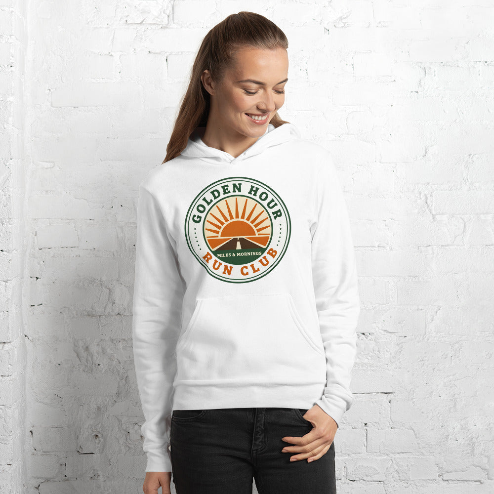 Golden Hour Run Club retro running hoodie — White, on model