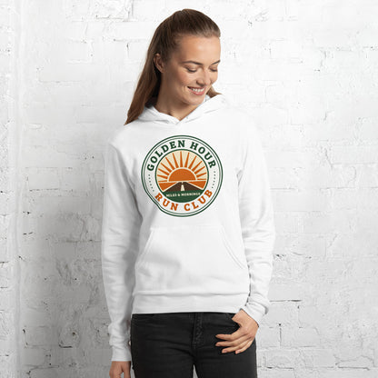 Golden Hour Run Club retro running hoodie — White, on model