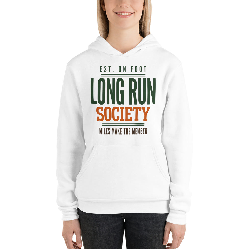 Long Run Society retro running hoodie — White, on model